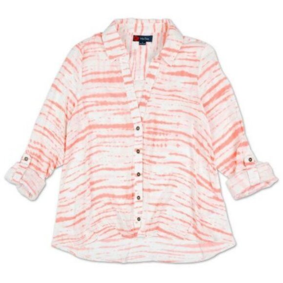 Indigo Poppy Womens Tie Dye Blouse Size L Peach Button Down Rolled Tab Sleeves - Picture 4 of 4
